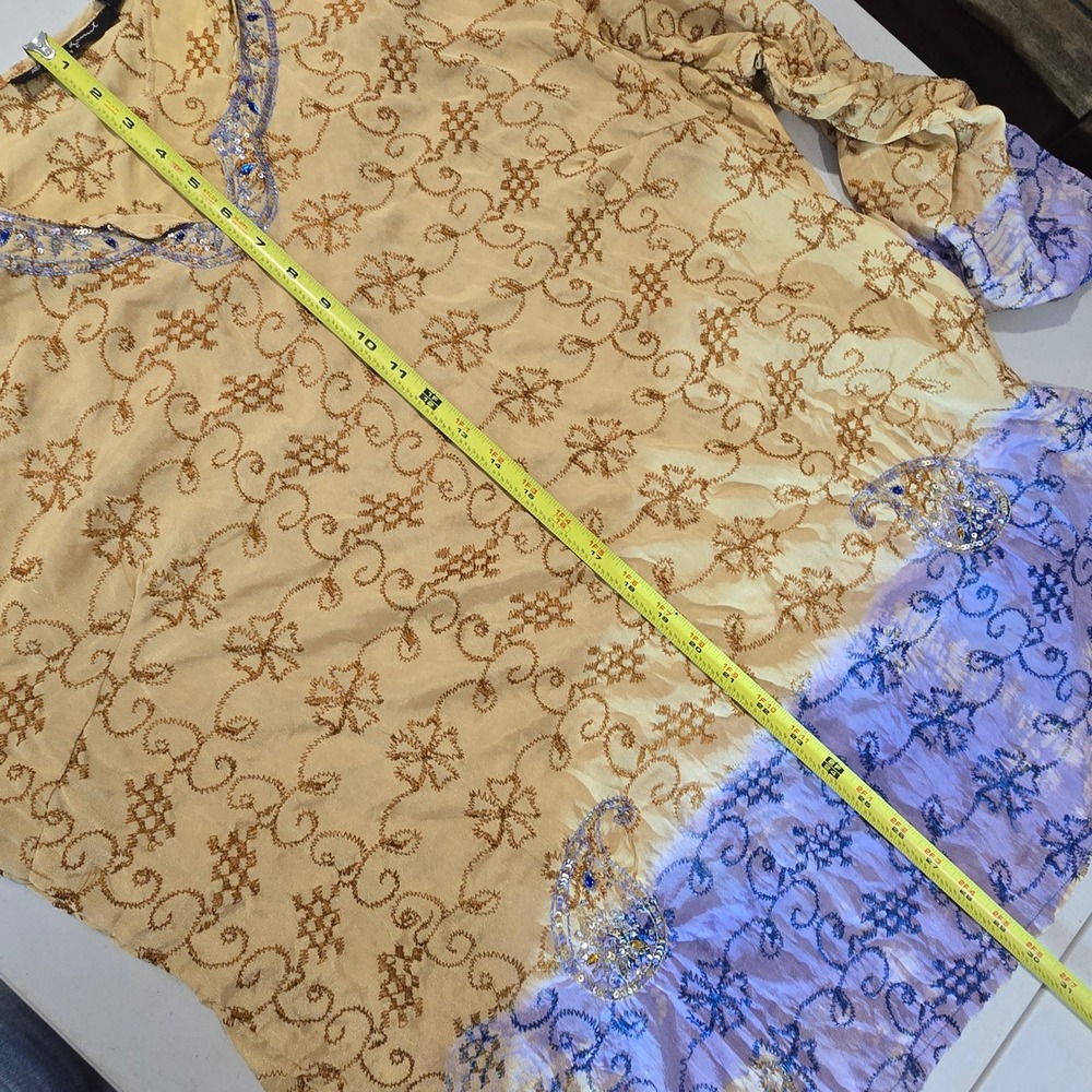 Speed Limit NYC Womens 3X Silk Tunic Top Yellow Purple Embroidered Sequin Boho - Picture 11 of 12